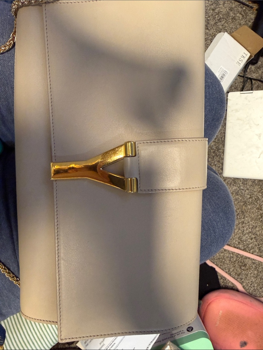 Yves Saint Laurent Beige Shoulder Bag with Gold Y-Clasp
